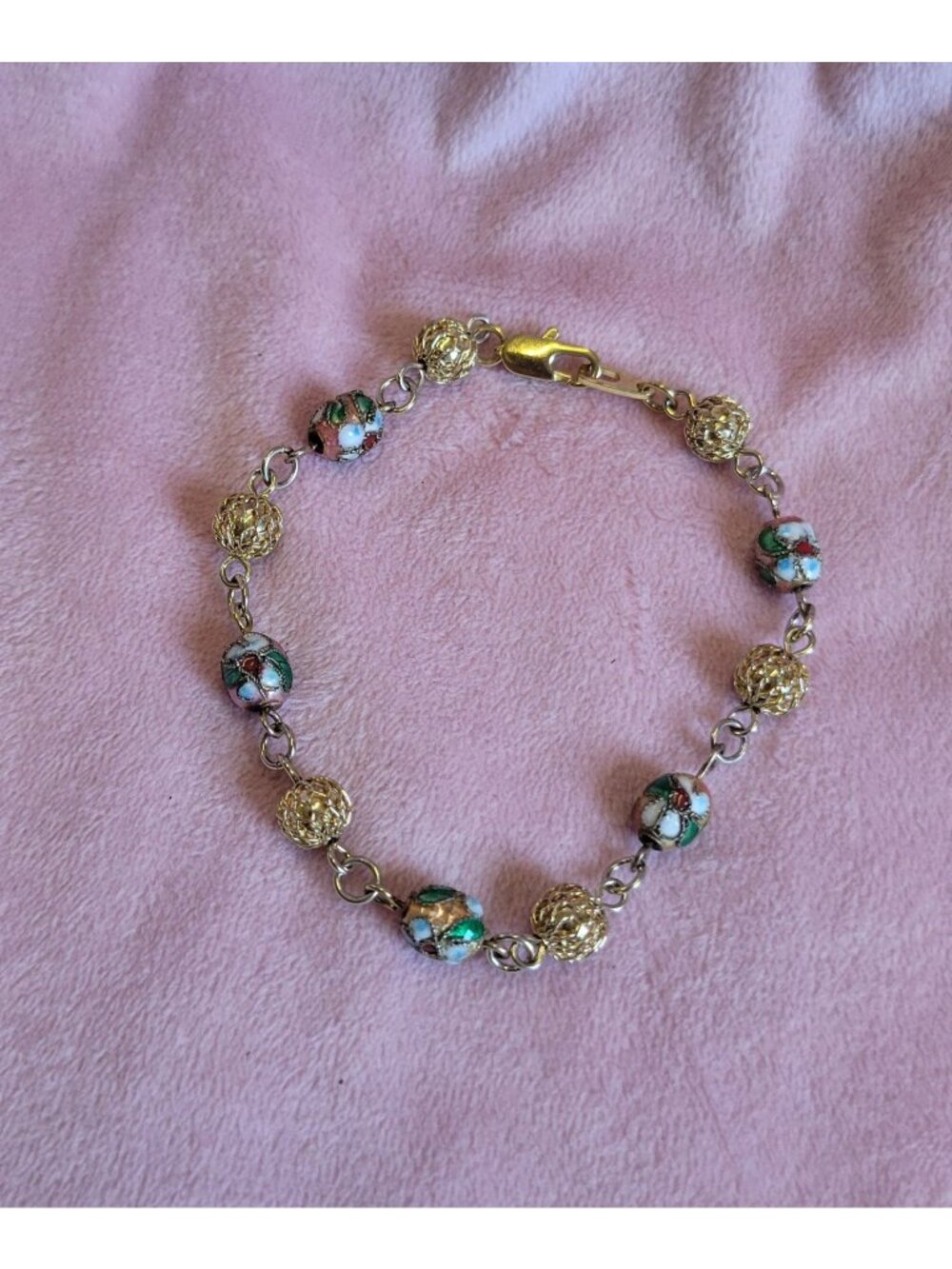 Gold Tone Pink Green Cloisonne Enamel Flower Beaded Wrap Chain Bracelet B1A